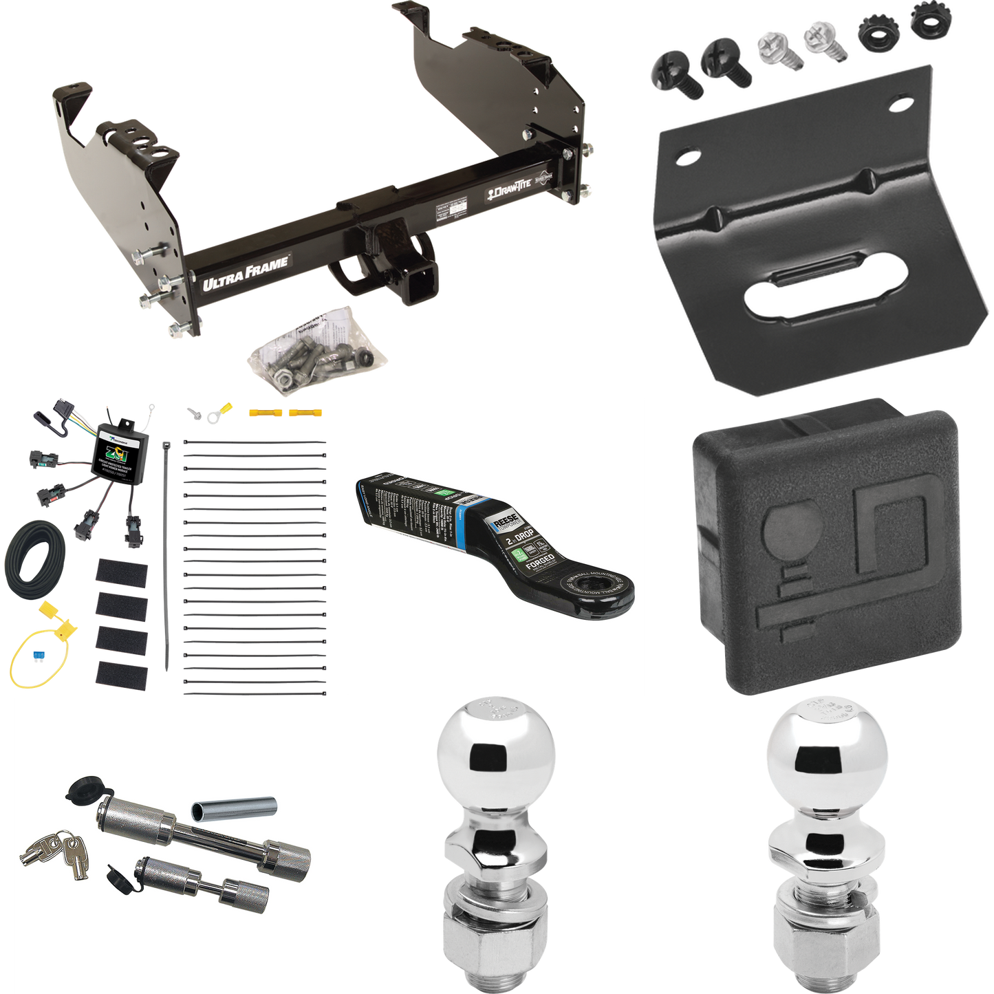 Fits 2007-2024 GMC Sierra 3500 HD Trailer Hitch Tow PKG w/ 4-Flat Zero Contact "No Splice" Wiring Harness + Ball Mount w/ 2" Drop + Dual Hitch & Coupler Locks + 2" Ball + 2-5/16" Ball + Hitch Cover + Wiring Bracket (For Cab & Chassis, w/34" Wide Fram