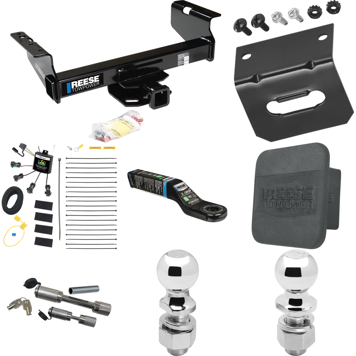 Fits 2007-2023 GMC Sierra 3500 HD Trailer Hitch Tow PKG w/ 4-Flat Zero Contact "No Splice" Wiring Harness + Ball Mount w/ 2" Drop + Dual Hitch & Coupler Locks + 2" Ball + 2-5/16" Ball + Hitch Cover + Wiring Bracket (For Cab & Chassis, w/34" Wide Fram