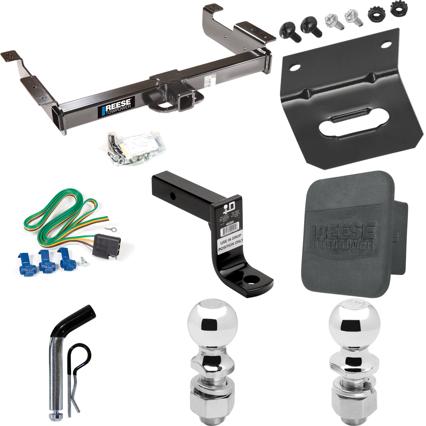 Fits 1996-1999 GMC Savana 2500 Trailer Hitch Tow PKG w/ 4-Flat Wiring Harness + Ball Mount w/ 6" Drop + Pin/Clip + 2" Ball + 2-5/16" Ball + Hitch Cover + Wiring Bracket By Reese Towpower