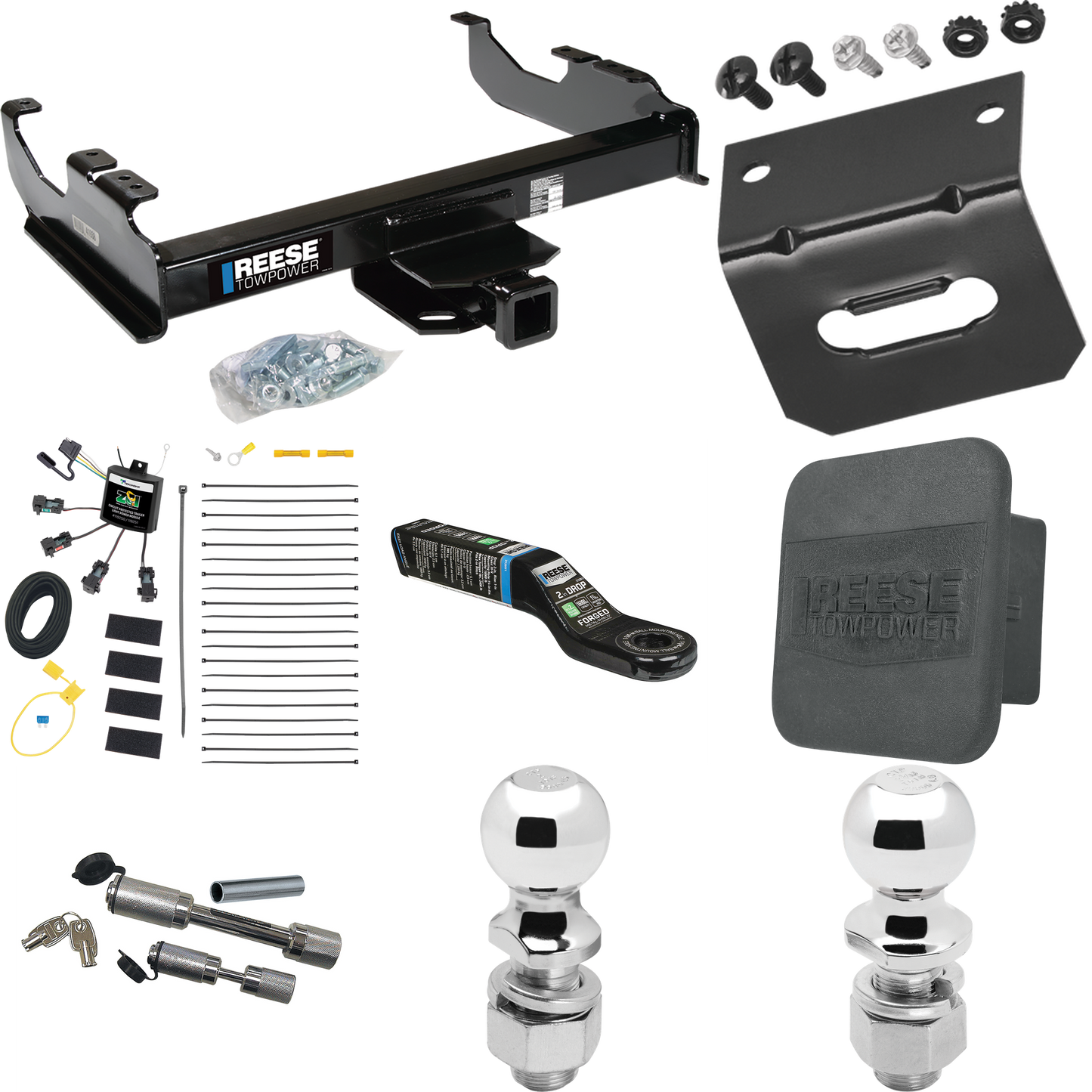 Fits 2007-2023 GMC Sierra 3500 HD Trailer Hitch Tow PKG w/ 4-Flat Zero Contact "No Splice" Wiring Harness + Ball Mount w/ 2" Drop + Dual Hitch & Coupler Locks + 2" Ball + 2-5/16" Ball + Hitch Cover + Wiring Bracket (For Cab & Chassis, w/34" Wide Fram