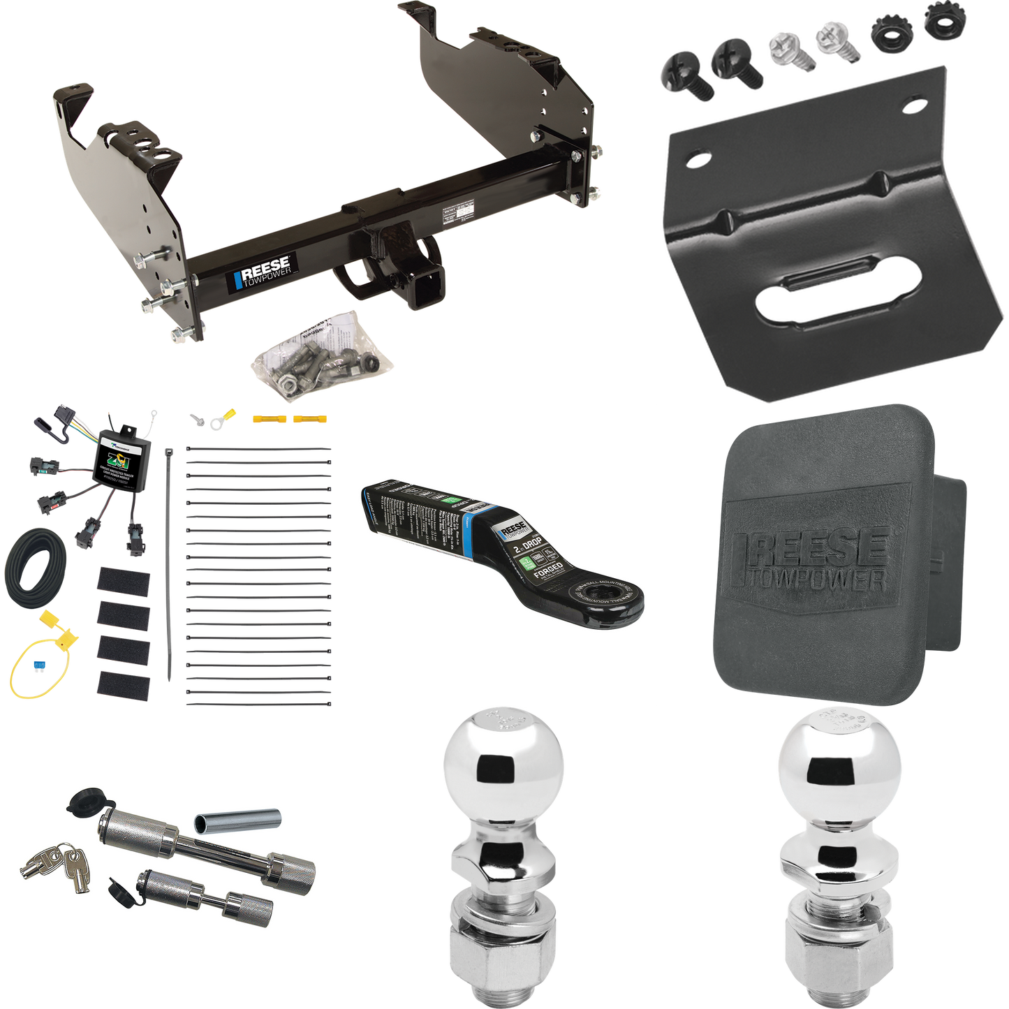 Fits 2011-2012 RAM 3500 Trailer Hitch Tow PKG w/ 4-Flat Zero Contact "No Splice" Wiring Harness + Ball Mount w/ 2" Drop + Dual Hitch & Coupler Locks + 2" Ball + 2-5/16" Ball + Hitch Cover + Wiring Bracket (For Cab & Chassis, w/34" Wide Frames Models)