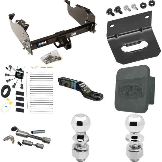 Fits 2011-2012 RAM 3500 Trailer Hitch Tow PKG w/ 4-Flat Zero Contact "No Splice" Wiring Harness + Ball Mount w/ 2" Drop + Dual Hitch & Coupler Locks + 2" Ball + 2-5/16" Ball + Hitch Cover + Wiring Bracket (For Cab & Chassis, w/34" Wide Frames Models)