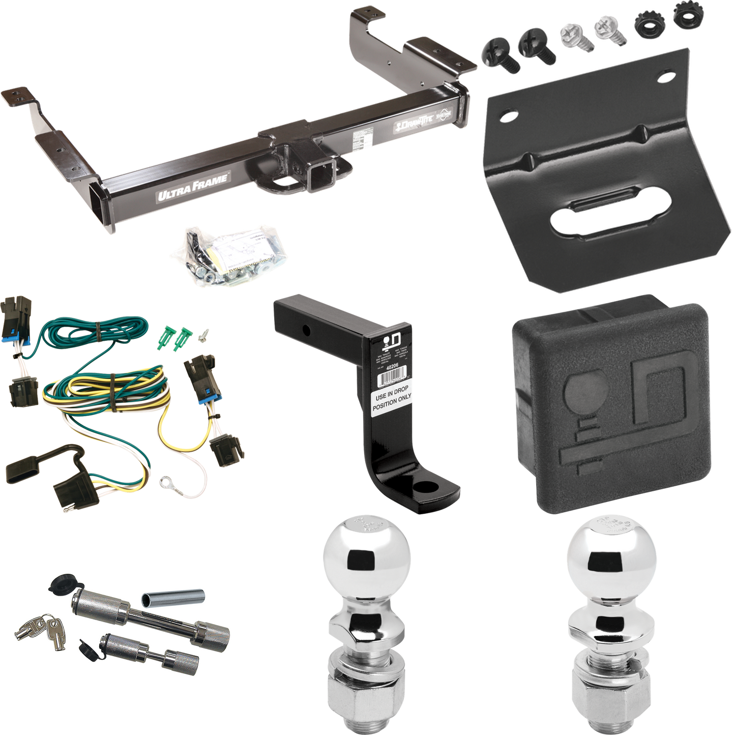 Fits 2003-2023 GMC Savana 2500 Trailer Hitch Tow PKG w/ 4-Flat Wiring Harness + Ball Mount w/ 8" Drop + Dual Hitch & Coupler Locks + 2" Ball + 2-5/16" Ball + Hitch Cover + Wiring Bracket By Draw-Tite