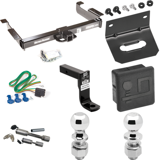 Fits 1996-1999 GMC Savana 2500 Trailer Hitch Tow PKG w/ 4-Flat Wiring Harness + Ball Mount w/ 8" Drop + Dual Hitch & Coupler Locks + 2" Ball + 2-5/16" Ball + Hitch Cover + Wiring Bracket By Draw-Tite