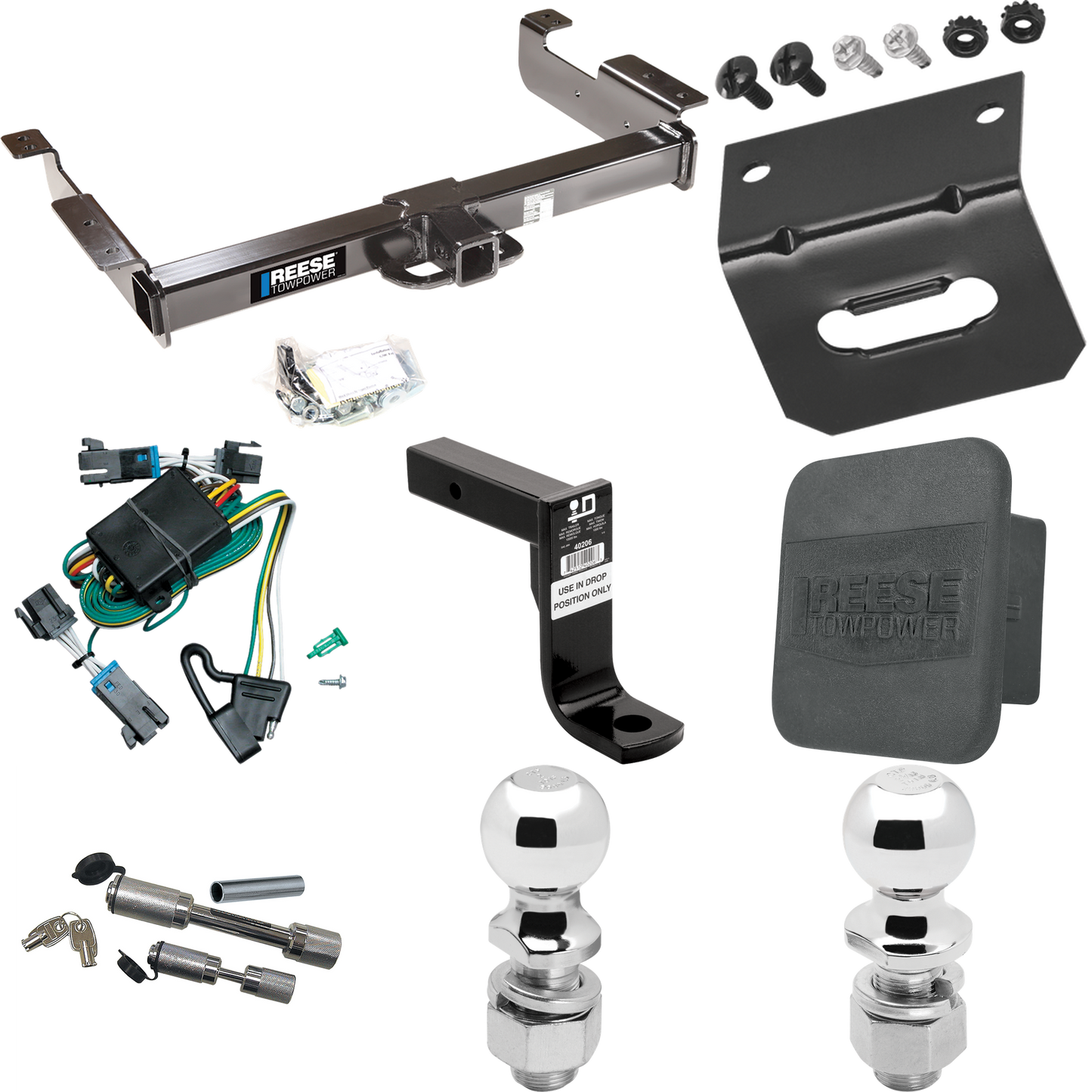 Fits 2000-2002 GMC Savana 2500 Trailer Hitch Tow PKG w/ 4-Flat Wiring Harness + Ball Mount w/ 8" Drop + Dual Hitch & Coupler Locks + 2" Ball + 2-5/16" Ball + Hitch Cover + Wiring Bracket By Reese Towpower