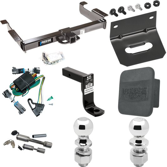 Fits 2000-2002 GMC Savana 2500 Trailer Hitch Tow PKG w/ 4-Flat Wiring Harness + Ball Mount w/ 8" Drop + Dual Hitch & Coupler Locks + 2" Ball + 2-5/16" Ball + Hitch Cover + Wiring Bracket By Reese Towpower