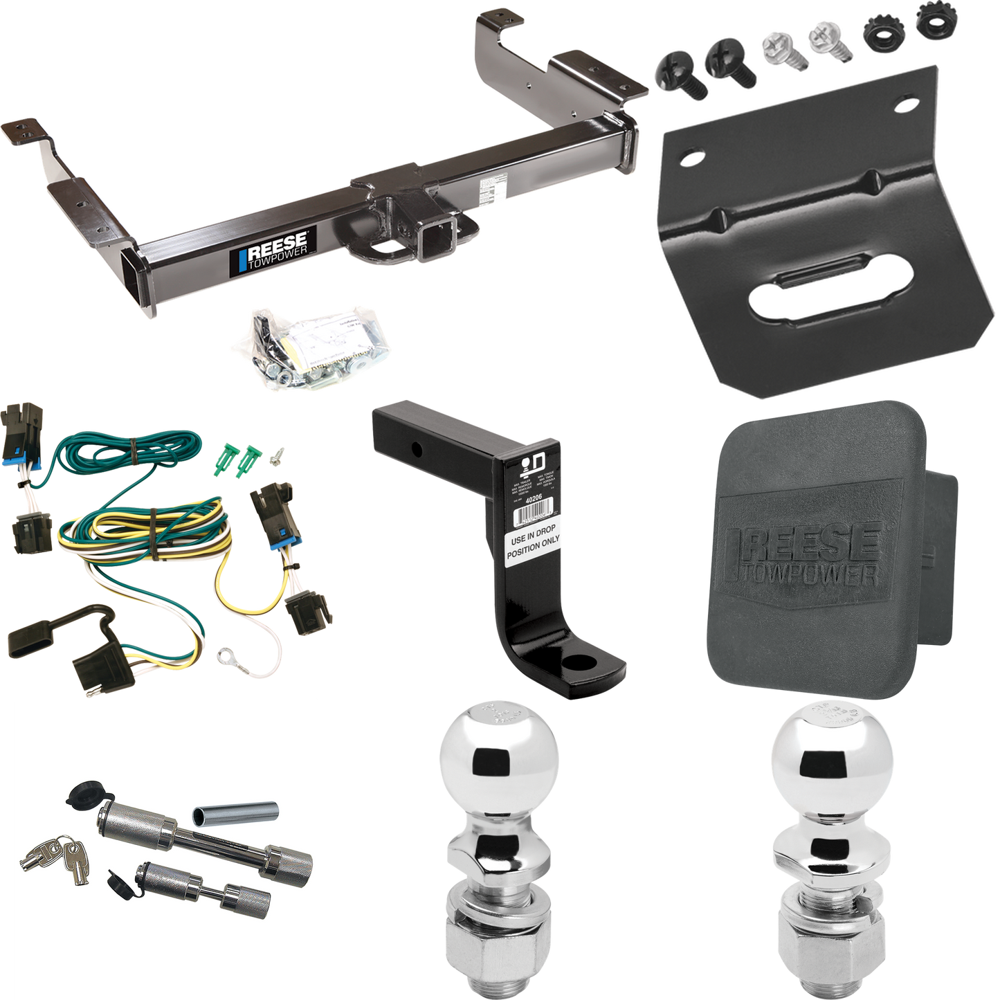 Fits 2003-2023 GMC Savana 2500 Trailer Hitch Tow PKG w/ 4-Flat Wiring Harness + Ball Mount w/ 8" Drop + Dual Hitch & Coupler Locks + 2" Ball + 2-5/16" Ball + Hitch Cover + Wiring Bracket By Reese Towpower