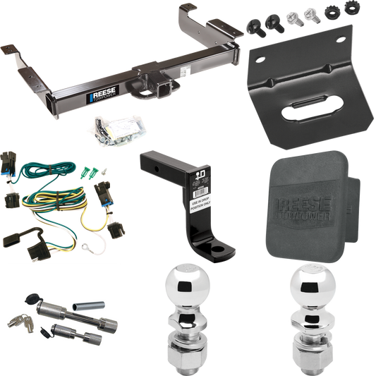 Fits 2003-2023 GMC Savana 2500 Trailer Hitch Tow PKG w/ 4-Flat Wiring Harness + Ball Mount w/ 8" Drop + Dual Hitch & Coupler Locks + 2" Ball + 2-5/16" Ball + Hitch Cover + Wiring Bracket By Reese Towpower