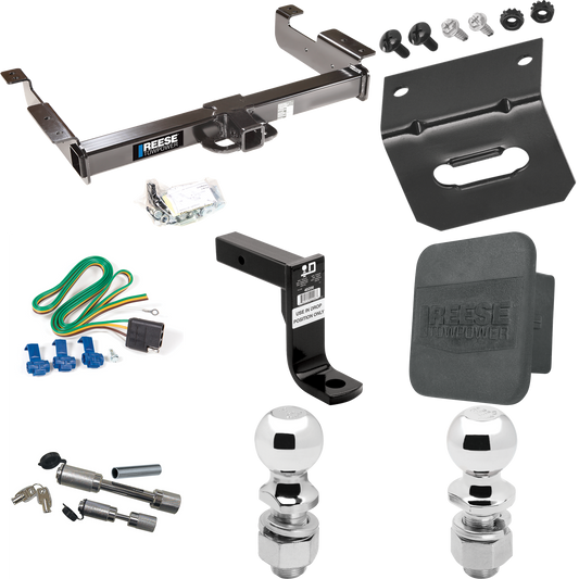 Fits 1996-1999 GMC Savana 2500 Trailer Hitch Tow PKG w/ 4-Flat Wiring Harness + Ball Mount w/ 8" Drop + Dual Hitch & Coupler Locks + 2" Ball + 2-5/16" Ball + Hitch Cover + Wiring Bracket By Reese Towpower