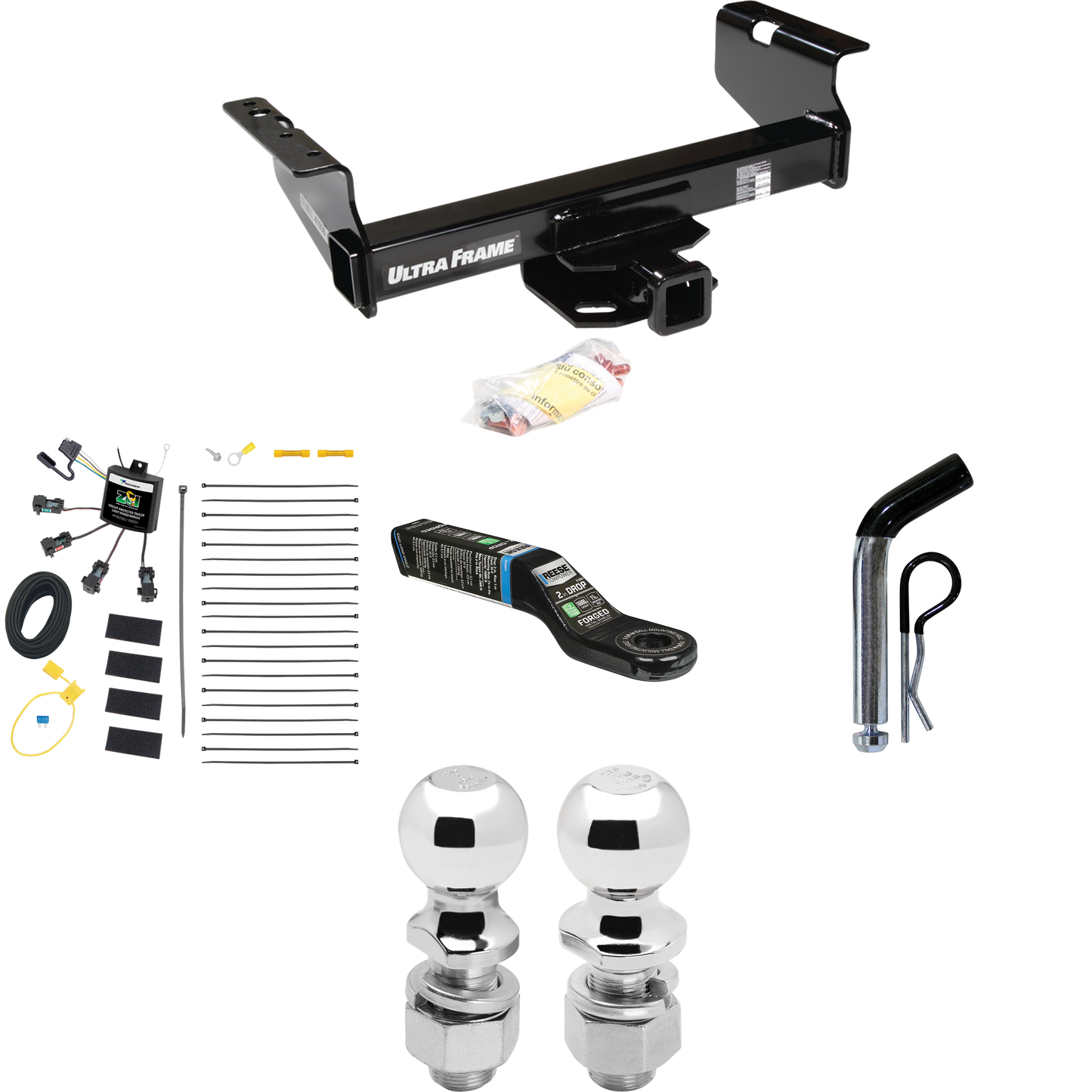 Fits 2007-2024 GMC Sierra 3500 HD Trailer Hitch Tow PKG w/ 4-Flat Zero Contact "No Splice" Wiring Harness + Ball Mount w/ 2" Drop + Pin/Clip + 2" Ball + 2-5/16" Ball (For Cab & Chassis, w/34" Wide Frames Models) By Draw-Tite