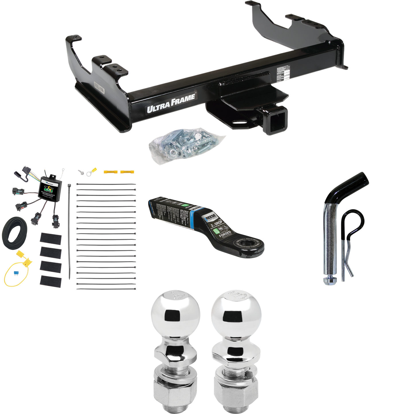 Fits 2007-2023 GMC Sierra 3500 HD Trailer Hitch Tow PKG w/ 4-Flat Zero Contact "No Splice" Wiring Harness + Ball Mount w/ 2" Drop + Pin/Clip + 2" Ball + 2-5/16" Ball (For Cab & Chassis, w/34" Wide Frames Models) By Draw-Tite