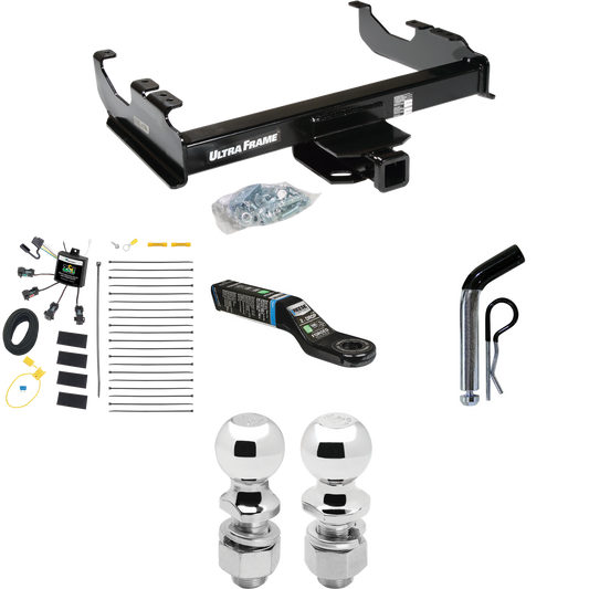 Fits 2007-2023 GMC Sierra 3500 HD Trailer Hitch Tow PKG w/ 4-Flat Zero Contact "No Splice" Wiring Harness + Ball Mount w/ 2" Drop + Pin/Clip + 2" Ball + 2-5/16" Ball (For Cab & Chassis, w/34" Wide Frames Models) By Draw-Tite