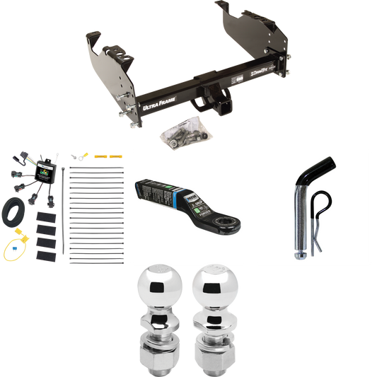 Fits 2007-2024 GMC Sierra 3500 HD Trailer Hitch Tow PKG w/ 4-Flat Zero Contact "No Splice" Wiring Harness + Ball Mount w/ 2" Drop + Pin/Clip + 2" Ball + 2-5/16" Ball (For Cab & Chassis, w/34" Wide Frames Models) By Draw-Tite