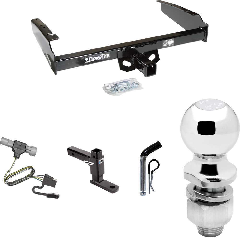 Fits 1987-1996 Ford F-350 Trailer Hitch Tow PKG w/ 4-Flat Wiring + Adjustable Drop Rise Ball Mount + Pin/Clip + 2" Ball By Draw-Tite