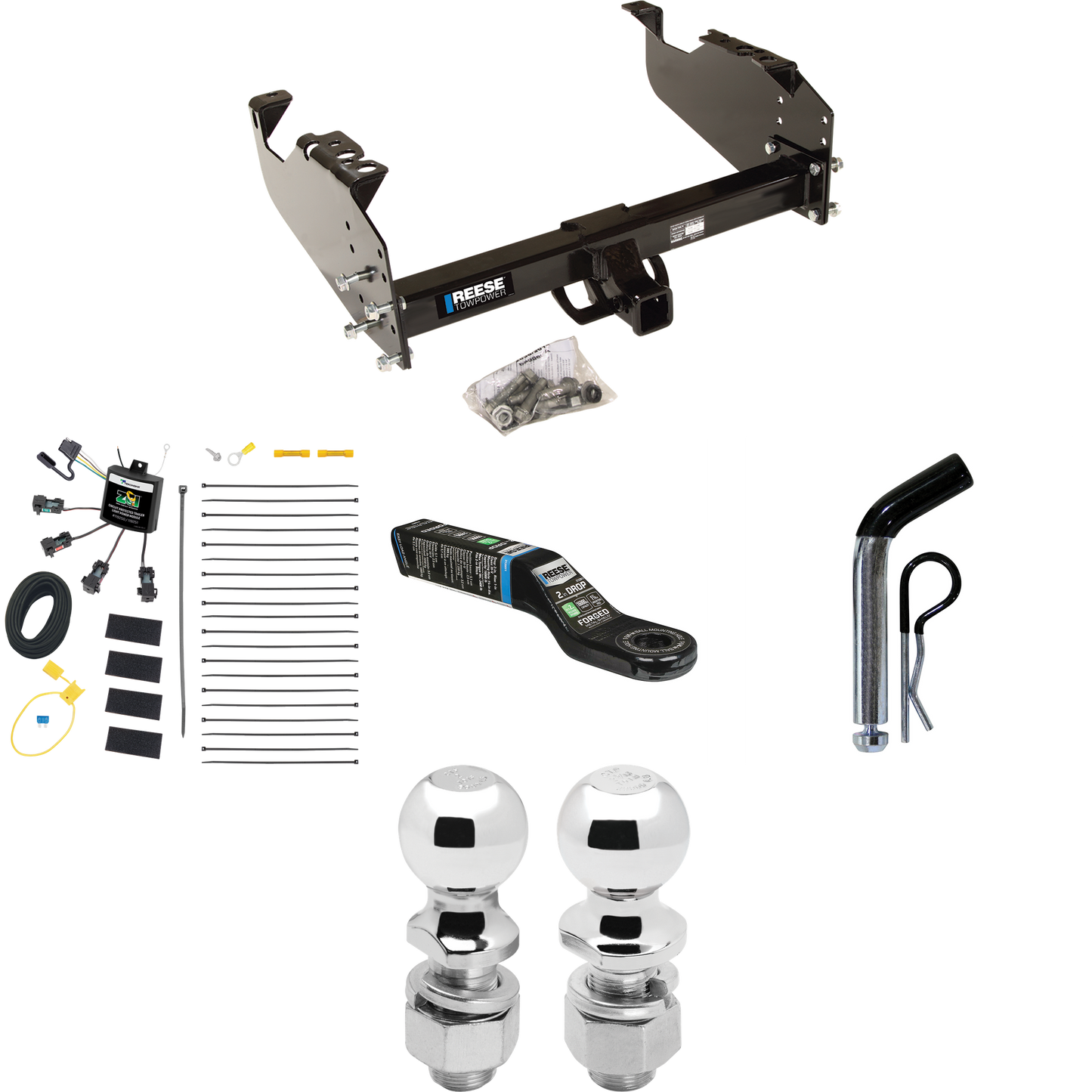 Fits 2007-2023 GMC Sierra 3500 HD Trailer Hitch Tow PKG w/ 4-Flat Zero Contact "No Splice" Wiring Harness + Ball Mount w/ 2" Drop + Pin/Clip + 2" Ball + 2-5/16" Ball (For Cab & Chassis, w/34" Wide Frames Models) By Reese Towpower