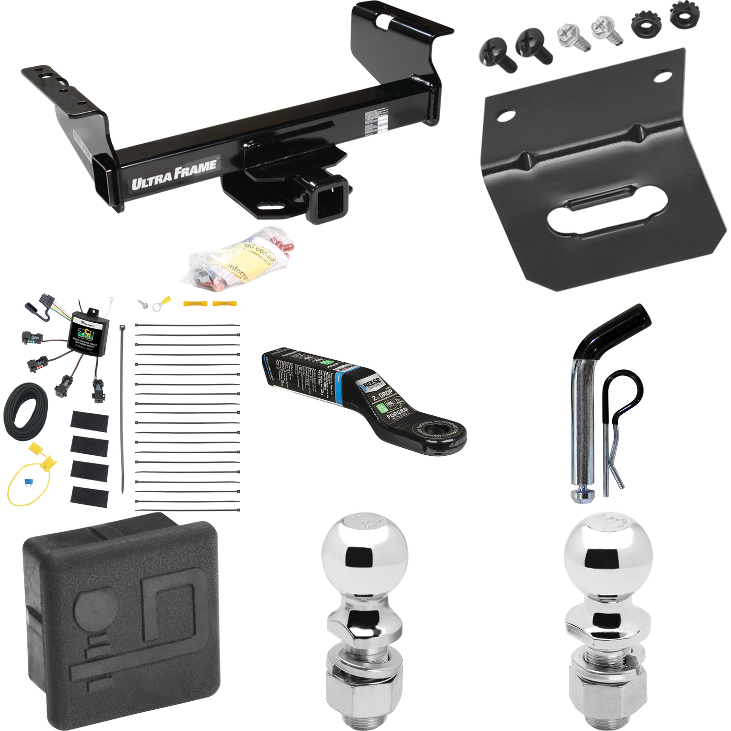 Fits 2007-2024 GMC Sierra 3500 HD Trailer Hitch Tow PKG w/ 4-Flat Zero Contact "No Splice" Wiring Harness + Ball Mount w/ 2" Drop + Pin/Clip + 2" Ball + 2-5/16" Ball + Hitch Cover + Wiring Bracket (For Cab & Chassis, w/34" Wide Frames Models) By Draw