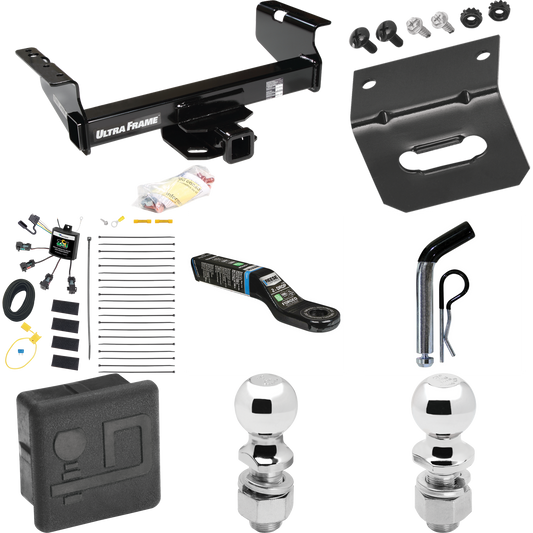 Fits 2007-2024 GMC Sierra 3500 HD Trailer Hitch Tow PKG w/ 4-Flat Zero Contact "No Splice" Wiring Harness + Ball Mount w/ 2" Drop + Pin/Clip + 2" Ball + 2-5/16" Ball + Hitch Cover + Wiring Bracket (For Cab & Chassis, w/34" Wide Frames Models) By Draw