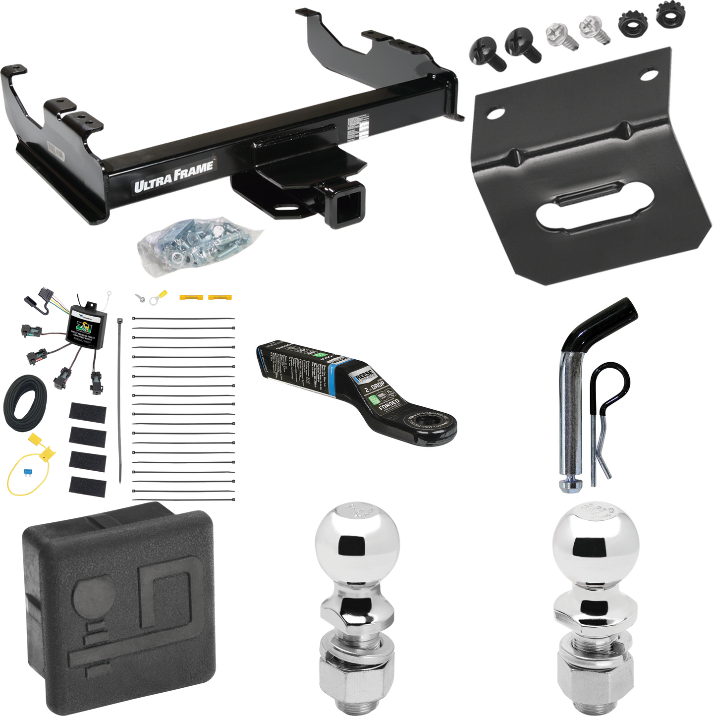 Fits 2007-2023 GMC Sierra 3500 HD Trailer Hitch Tow PKG w/ 4-Flat Zero Contact "No Splice" Wiring Harness + Ball Mount w/ 2" Drop + Pin/Clip + 2" Ball + 2-5/16" Ball + Hitch Cover + Wiring Bracket (For Cab & Chassis, w/34" Wide Frames Models) By Draw