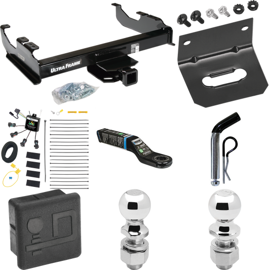 Fits 2007-2023 GMC Sierra 3500 HD Trailer Hitch Tow PKG w/ 4-Flat Zero Contact "No Splice" Wiring Harness + Ball Mount w/ 2" Drop + Pin/Clip + 2" Ball + 2-5/16" Ball + Hitch Cover + Wiring Bracket (For Cab & Chassis, w/34" Wide Frames Models) By Draw