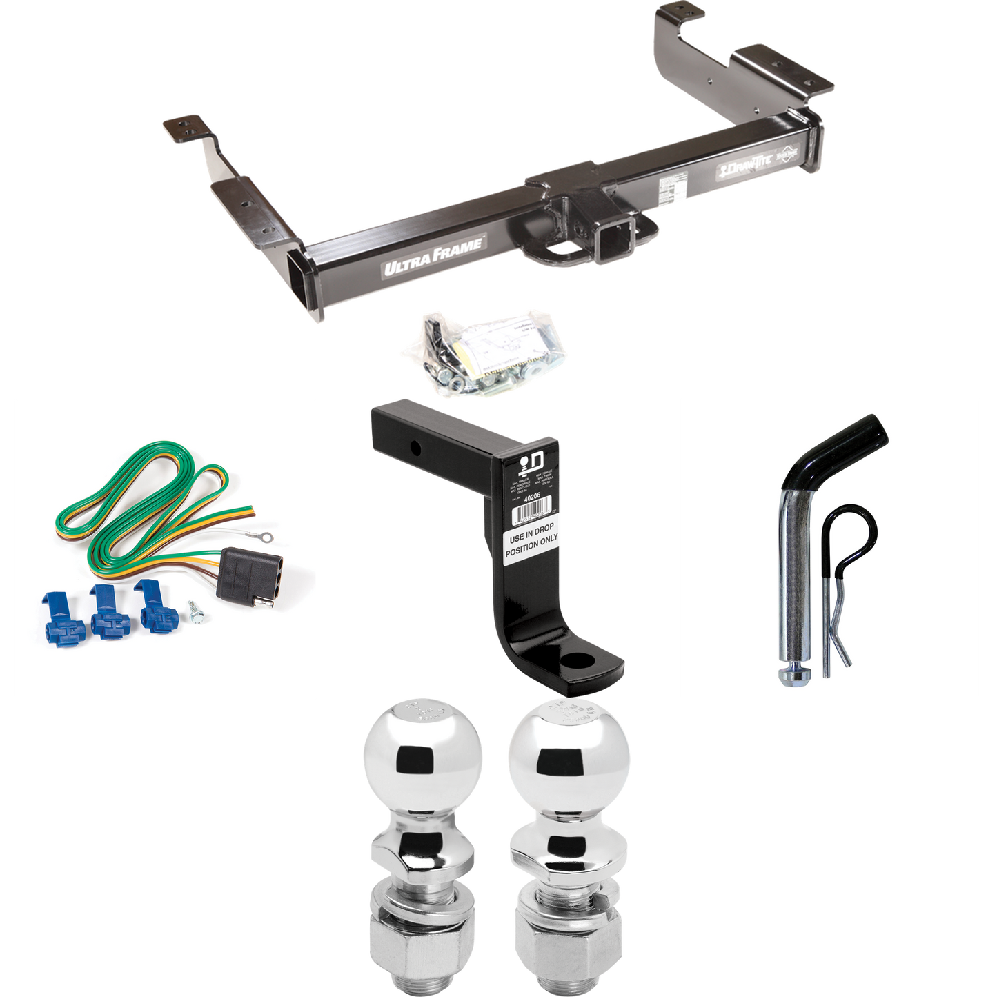 Fits 1996-1999 GMC Savana 2500 Trailer Hitch Tow PKG w/ 4-Flat Wiring Harness + Ball Mount w/ 8" Drop + Pin/Clip + 2" Ball + 2-5/16" Ball By Draw-Tite