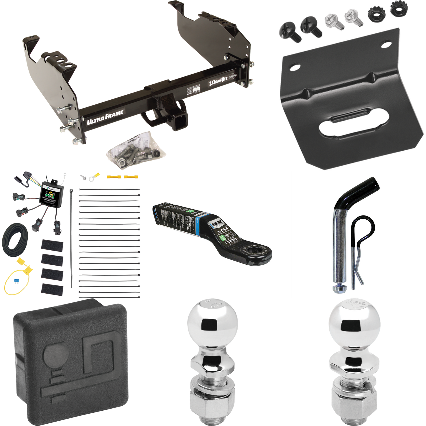 Fits 2007-2024 GMC Sierra 3500 HD Trailer Hitch Tow PKG w/ 4-Flat Zero Contact "No Splice" Wiring Harness + Ball Mount w/ 2" Drop + Pin/Clip + 2" Ball + 2-5/16" Ball + Hitch Cover + Wiring Bracket (For Cab & Chassis, w/34" Wide Frames Models) By Draw