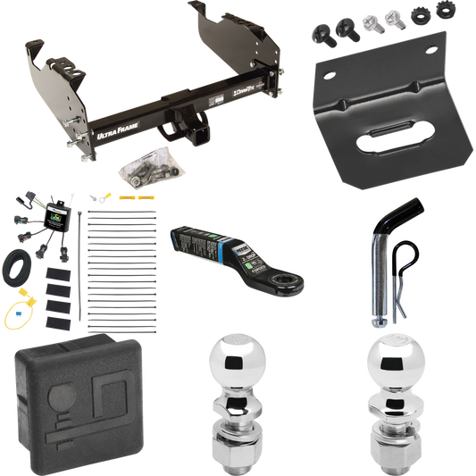 Fits 2007-2024 GMC Sierra 3500 HD Trailer Hitch Tow PKG w/ 4-Flat Zero Contact "No Splice" Wiring Harness + Ball Mount w/ 2" Drop + Pin/Clip + 2" Ball + 2-5/16" Ball + Hitch Cover + Wiring Bracket (For Cab & Chassis, w/34" Wide Frames Models) By Draw