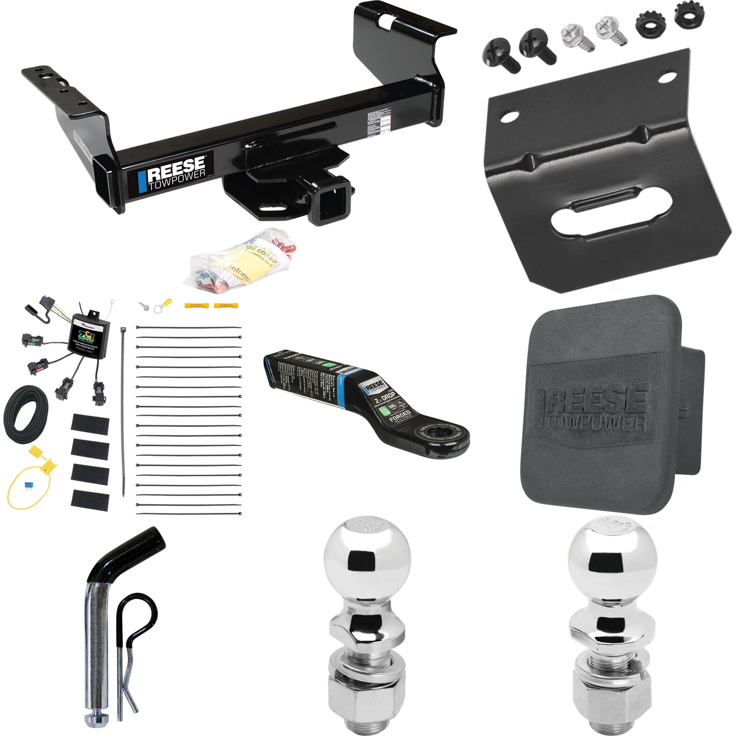 Fits 2007-2023 GMC Sierra 3500 HD Trailer Hitch Tow PKG w/ 4-Flat Zero Contact "No Splice" Wiring Harness + Ball Mount w/ 2" Drop + Pin/Clip + 2" Ball + 2-5/16" Ball + Hitch Cover + Wiring Bracket (For Cab & Chassis, w/34" Wide Frames Models) By Rees