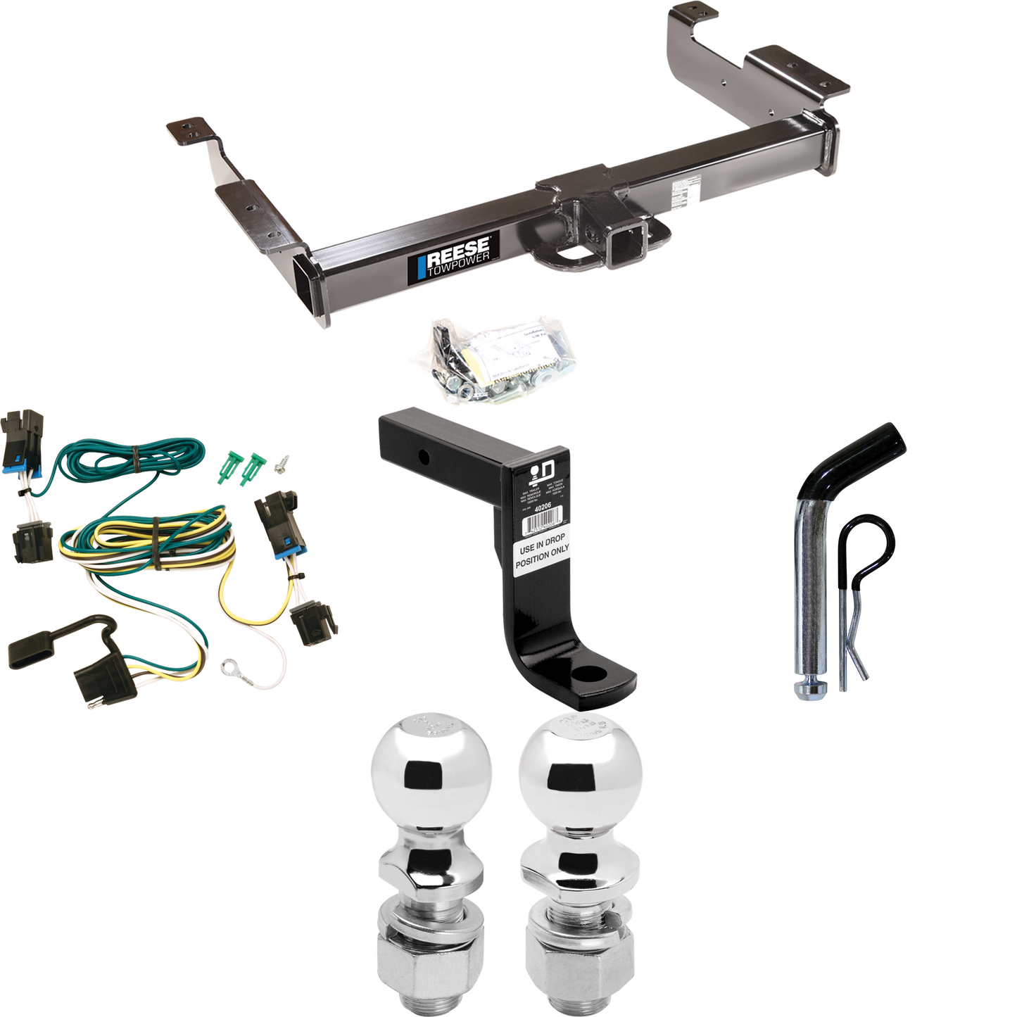 Fits 2003-2023 GMC Savana 2500 Trailer Hitch Tow PKG w/ 4-Flat Wiring Harness + Ball Mount w/ 8" Drop + Pin/Clip + 2" Ball + 2-5/16" Ball By Reese Towpower