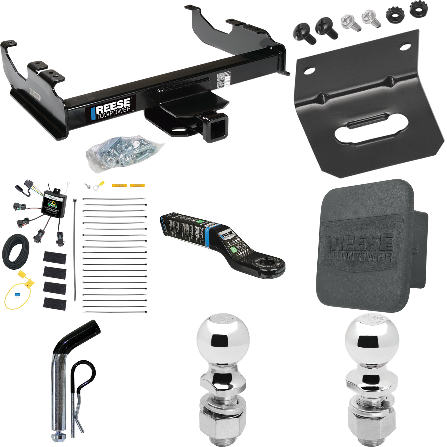 Fits 2007-2023 GMC Sierra 3500 HD Trailer Hitch Tow PKG w/ 4-Flat Zero Contact "No Splice" Wiring Harness + Ball Mount w/ 2" Drop + Pin/Clip + 2" Ball + 2-5/16" Ball + Hitch Cover + Wiring Bracket (For Cab & Chassis, w/34" Wide Frames Models) By Rees