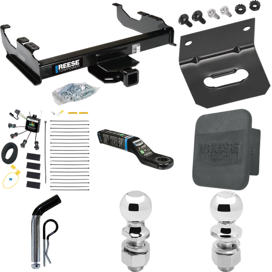 Fits 2007-2023 GMC Sierra 3500 HD Trailer Hitch Tow PKG w/ 4-Flat Zero Contact "No Splice" Wiring Harness + Ball Mount w/ 2" Drop + Pin/Clip + 2" Ball + 2-5/16" Ball + Hitch Cover + Wiring Bracket (For Cab & Chassis, w/34" Wide Frames Models) By Rees