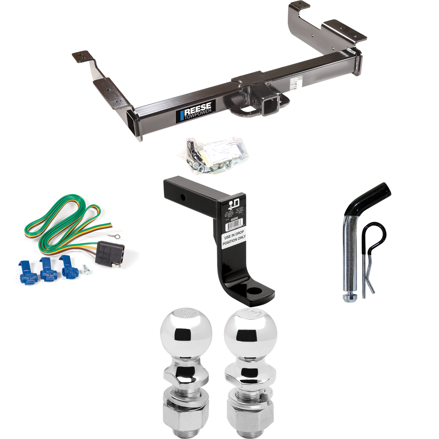 Se adapta al paquete de remolque con enganche para remolque GMC Savana 2500 1996-1999 con arnés de cableado plano de 4 + soporte de bola con caída de 8" + pasador/clip + bola de 2" + bola de 2-5/16" de Reese Towpower