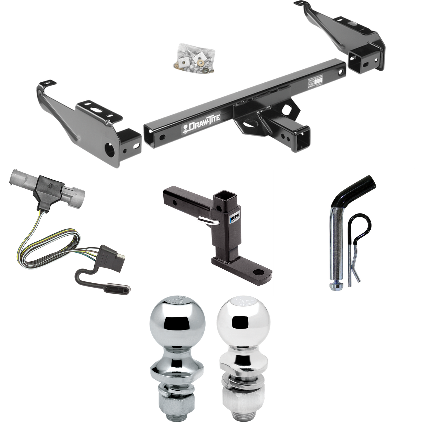 Fits 1987-1996 Ford F-150 Trailer Hitch Tow PKG w/ 4-Flat Wiring + Adjustable Drop Rise Ball Mount + Pin/Clip + 2" Ball + 1-7/8" Ball By Draw-Tite