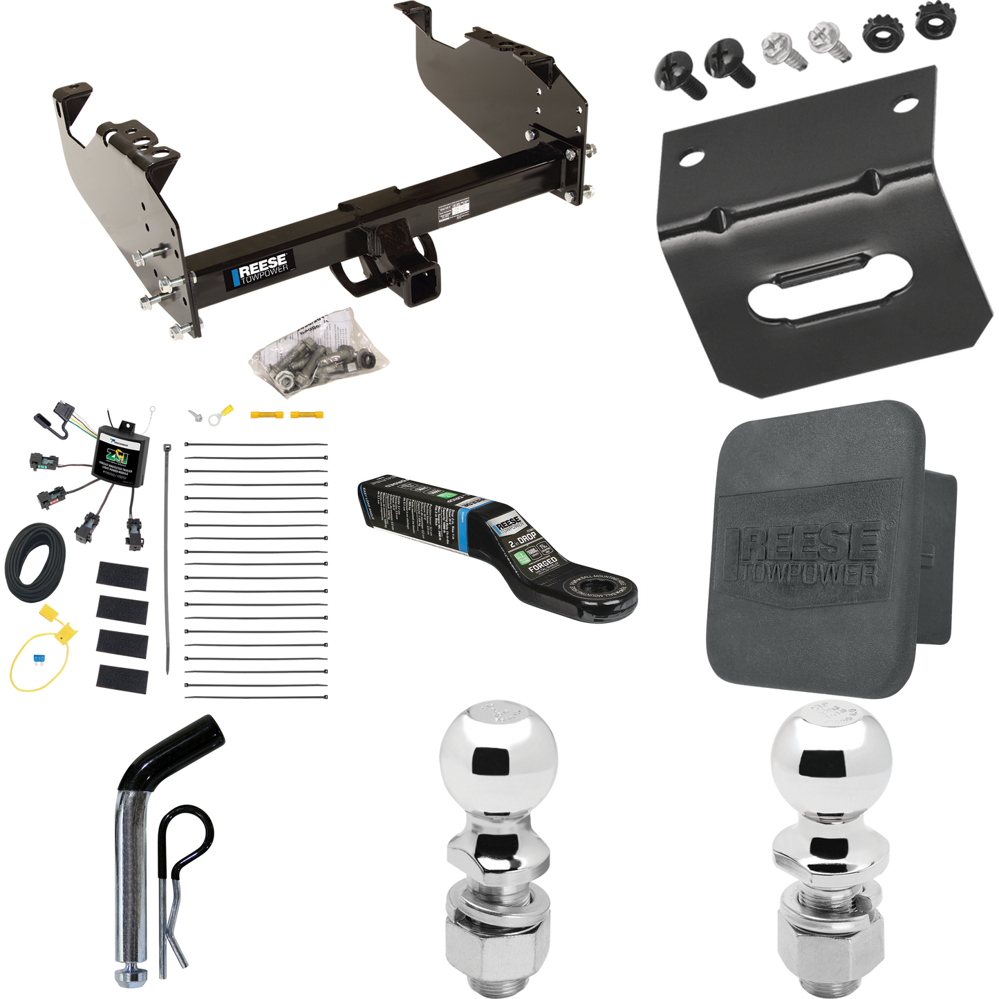 Fits 2007-2023 GMC Sierra 3500 HD Trailer Hitch Tow PKG w/ 4-Flat Zero Contact "No Splice" Wiring Harness + Ball Mount w/ 2" Drop + Pin/Clip + 2" Ball + 2-5/16" Ball + Hitch Cover + Wiring Bracket (For Cab & Chassis, w/34" Wide Frames Models) By Rees