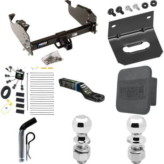 Fits 2007-2023 GMC Sierra 3500 HD Trailer Hitch Tow PKG w/ 4-Flat Zero Contact "No Splice" Wiring Harness + Ball Mount w/ 2" Drop + Pin/Clip + 2" Ball + 2-5/16" Ball + Hitch Cover + Wiring Bracket (For Cab & Chassis, w/34" Wide Frames Models) By Rees