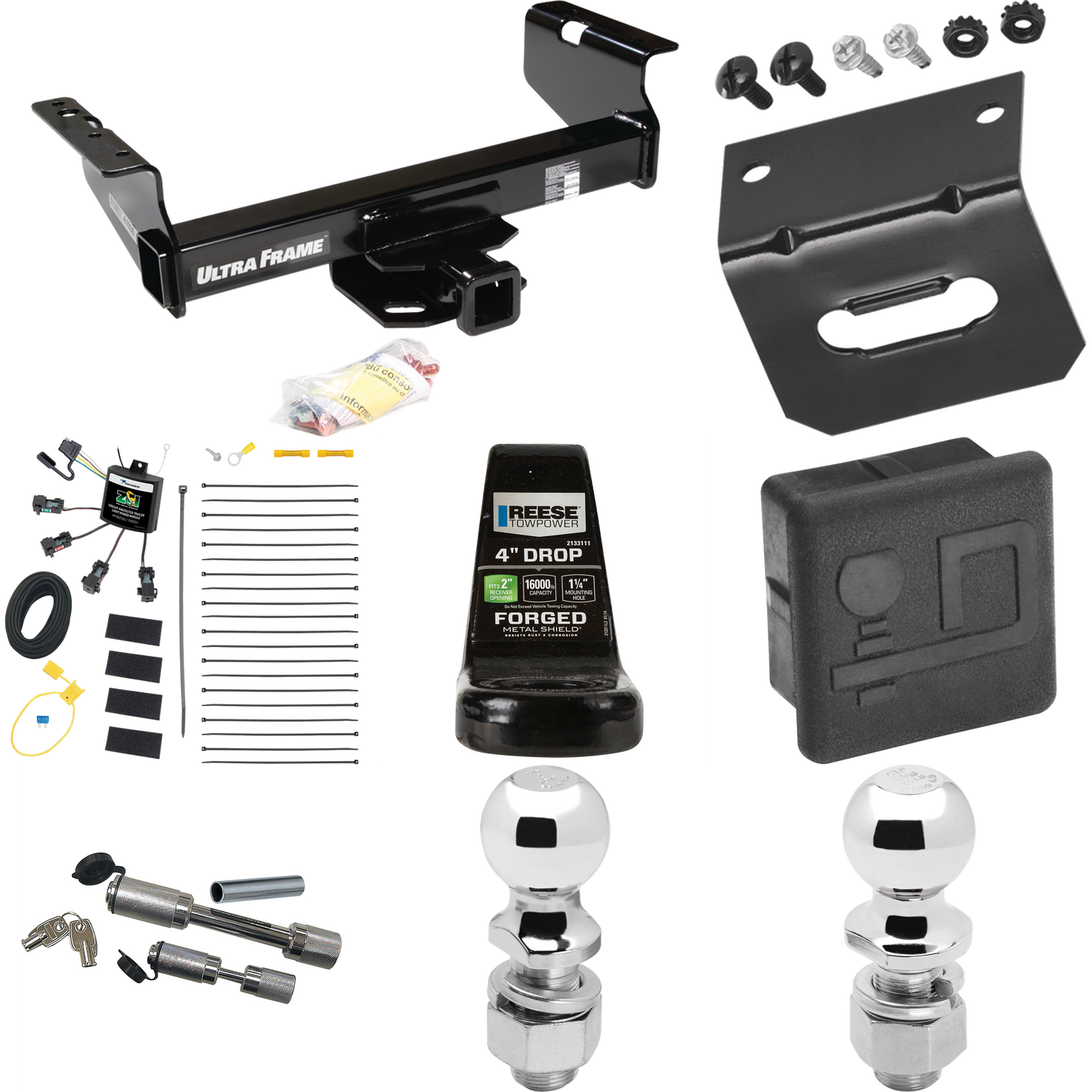 Fits 2007-2024 GMC Sierra 3500 HD Trailer Hitch Tow PKG w/ 4-Flat Zero Contact "No Splice" Wiring Harness + Ball Mount w/ 4" Drop + Dual Hitch & Coupler Locks + 2" Ball + 2-5/16" Ball + Hitch Cover + Wiring Bracket (For Cab & Chassis, w/34" Wide Fram