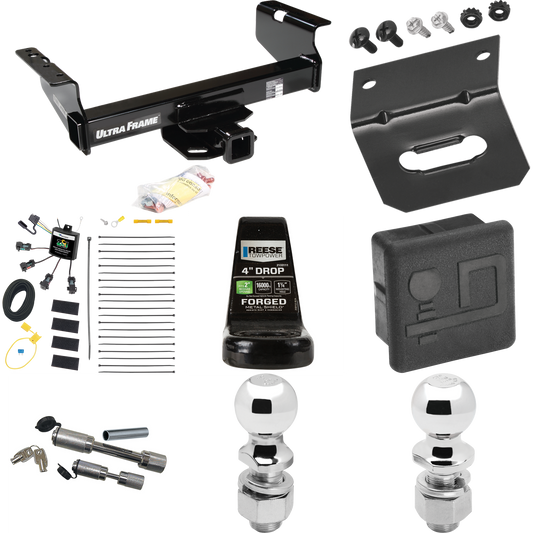 Fits 2007-2024 GMC Sierra 3500 HD Trailer Hitch Tow PKG w/ 4-Flat Zero Contact "No Splice" Wiring Harness + Ball Mount w/ 4" Drop + Dual Hitch & Coupler Locks + 2" Ball + 2-5/16" Ball + Hitch Cover + Wiring Bracket (For Cab & Chassis, w/34" Wide Fram