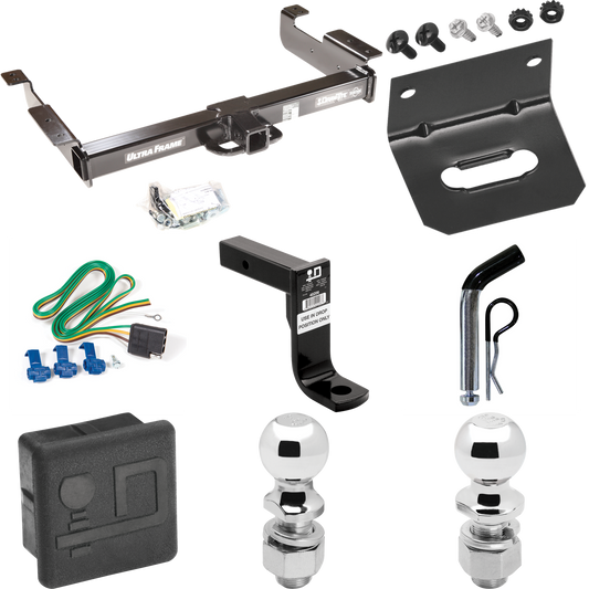 Fits 1996-1999 GMC Savana 2500 Trailer Hitch Tow PKG w/ 4-Flat Wiring Harness + Ball Mount w/ 8" Drop + Pin/Clip + 2" Ball + 2-5/16" Ball + Hitch Cover + Wiring Bracket By Draw-Tite