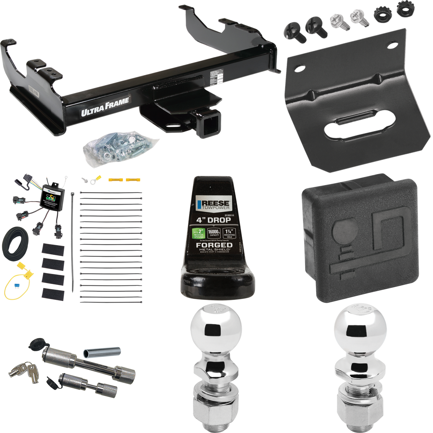 Fits 2007-2023 GMC Sierra 3500 HD Trailer Hitch Tow PKG w/ 4-Flat Zero Contact "No Splice" Wiring Harness + Ball Mount w/ 4" Drop + Dual Hitch & Coupler Locks + 2" Ball + 2-5/16" Ball + Hitch Cover + Wiring Bracket (For Cab & Chassis, w/34" Wide Fram