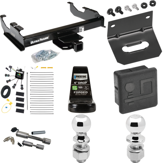 Fits 2007-2023 GMC Sierra 3500 HD Trailer Hitch Tow PKG w/ 4-Flat Zero Contact "No Splice" Wiring Harness + Ball Mount w/ 4" Drop + Dual Hitch & Coupler Locks + 2" Ball + 2-5/16" Ball + Hitch Cover + Wiring Bracket (For Cab & Chassis, w/34" Wide Fram