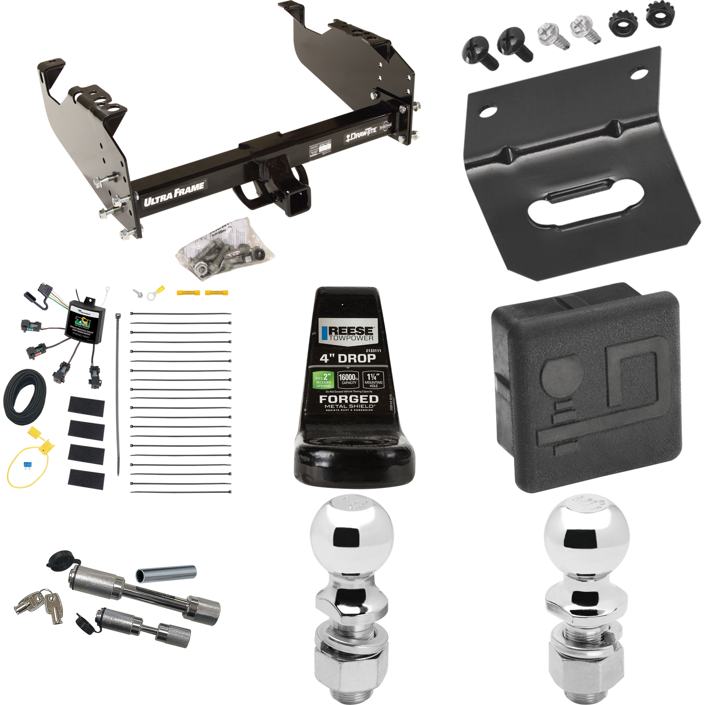 Fits 2007-2024 GMC Sierra 3500 HD Trailer Hitch Tow PKG w/ 4-Flat Zero Contact "No Splice" Wiring Harness + Ball Mount w/ 4" Drop + Dual Hitch & Coupler Locks + 2" Ball + 2-5/16" Ball + Hitch Cover + Wiring Bracket (For Cab & Chassis, w/34" Wide Fram