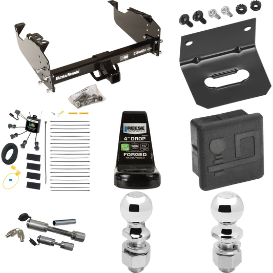 Fits 2007-2024 GMC Sierra 3500 HD Trailer Hitch Tow PKG w/ 4-Flat Zero Contact "No Splice" Wiring Harness + Ball Mount w/ 4" Drop + Dual Hitch & Coupler Locks + 2" Ball + 2-5/16" Ball + Hitch Cover + Wiring Bracket (For Cab & Chassis, w/34" Wide Fram