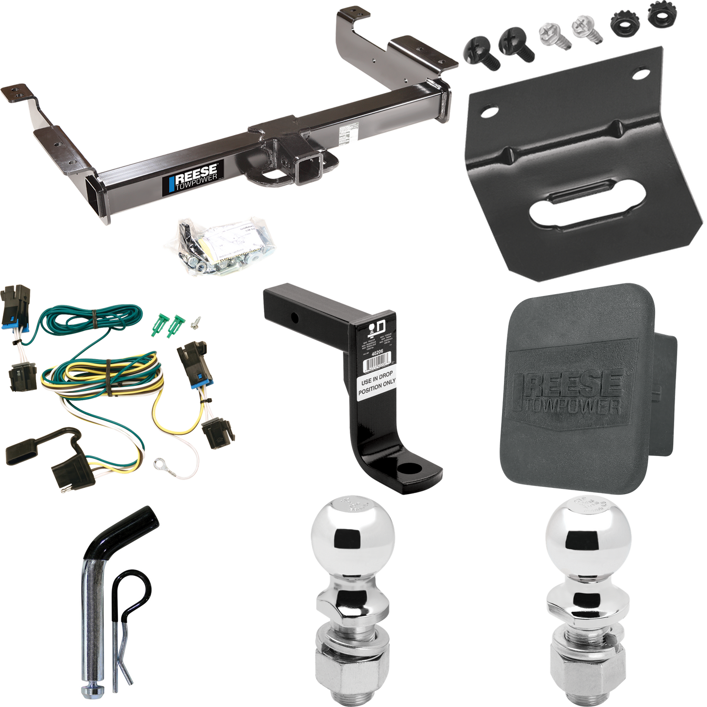 Fits 2003-2023 GMC Savana 2500 Trailer Hitch Tow PKG w/ 4-Flat Wiring Harness + Ball Mount w/ 8" Drop + Pin/Clip + 2" Ball + 2-5/16" Ball + Hitch Cover + Wiring Bracket By Reese Towpower