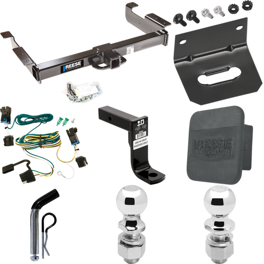 Fits 2003-2023 GMC Savana 2500 Trailer Hitch Tow PKG w/ 4-Flat Wiring Harness + Ball Mount w/ 8" Drop + Pin/Clip + 2" Ball + 2-5/16" Ball + Hitch Cover + Wiring Bracket By Reese Towpower