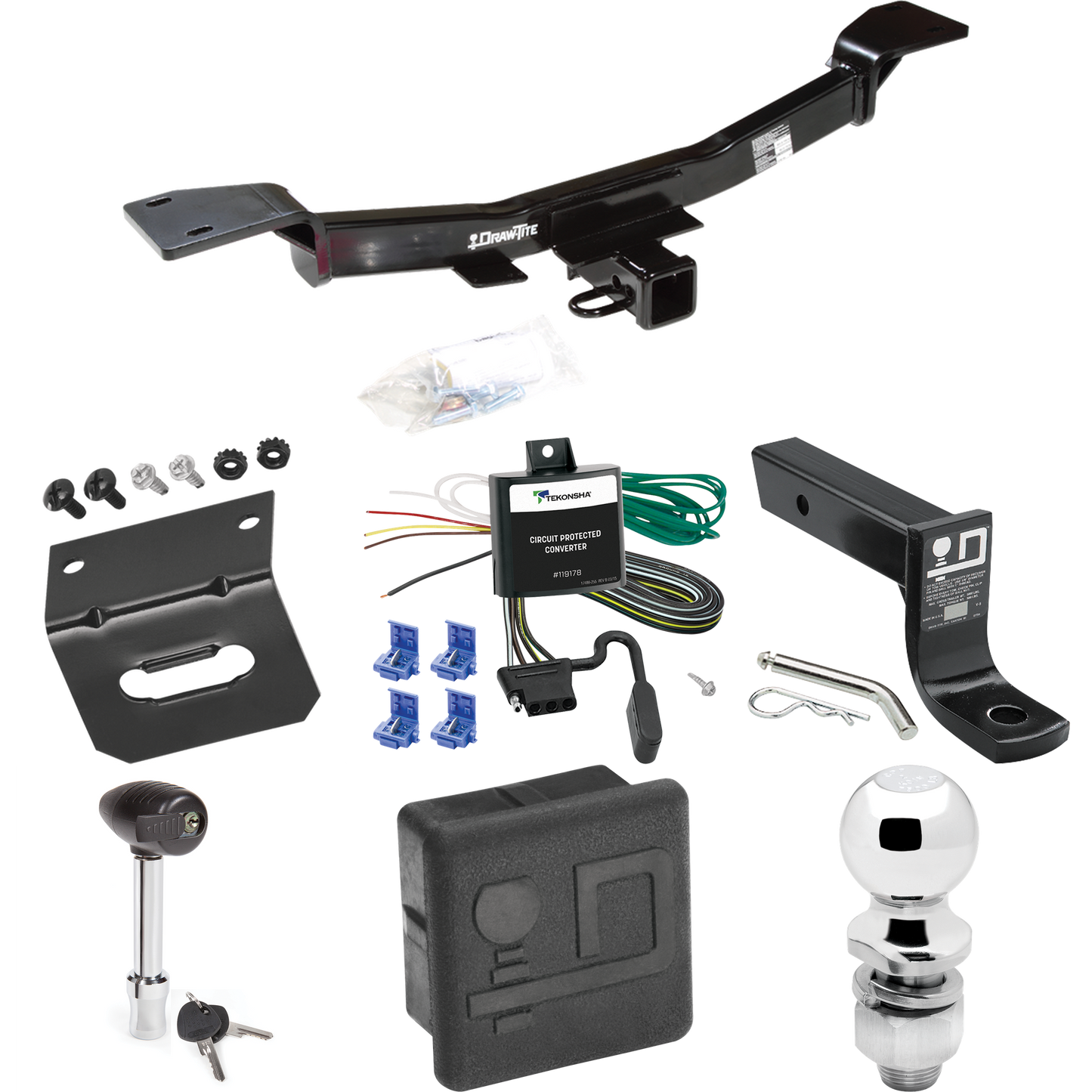 Fits 2005-2010 KIA Sportage Trailer Hitch Tow PKG w/ 4-Flat Wiring + Ball Mount w/ 4" Drop + 2" Ball + Wiring Bracket + Hitch Lock + Hitch Cover (For I4 Engine Models) By Draw-Tite