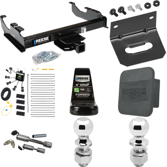 Fits 2007-2023 GMC Sierra 3500 HD Trailer Hitch Tow PKG w/ 4-Flat Zero Contact "No Splice" Wiring Harness + Ball Mount w/ 4" Drop + Dual Hitch & Coupler Locks + 2" Ball + 2-5/16" Ball + Hitch Cover + Wiring Bracket (For Cab & Chassis, w/34" Wide Fram