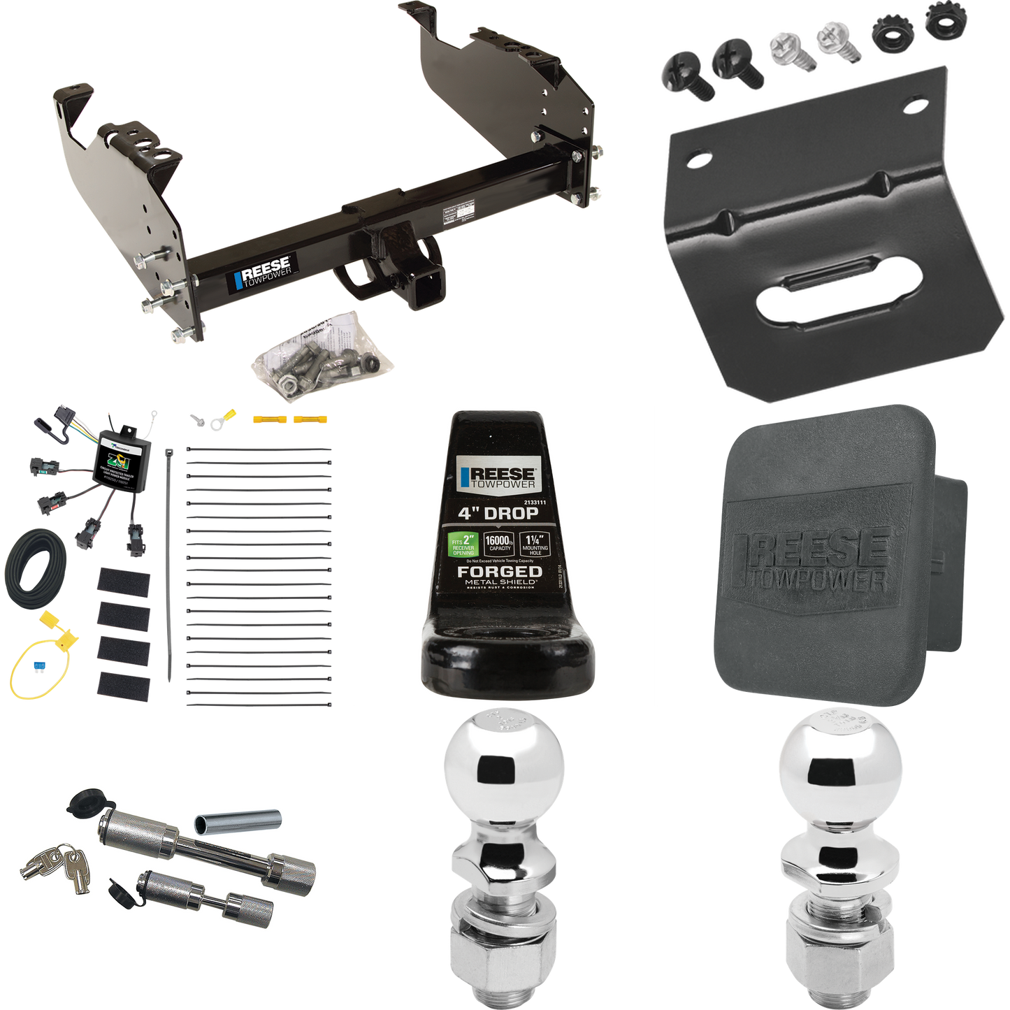 Fits 2007-2023 GMC Sierra 3500 HD Trailer Hitch Tow PKG w/ 4-Flat Zero Contact "No Splice" Wiring Harness + Ball Mount w/ 4" Drop + Dual Hitch & Coupler Locks + 2" Ball + 2-5/16" Ball + Hitch Cover + Wiring Bracket (For Cab & Chassis, w/34" Wide Fram