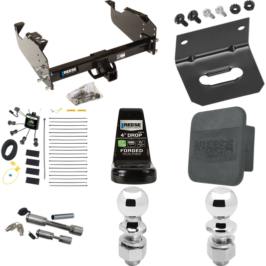 Fits 2007-2023 GMC Sierra 3500 HD Trailer Hitch Tow PKG w/ 4-Flat Zero Contact "No Splice" Wiring Harness + Ball Mount w/ 4" Drop + Dual Hitch & Coupler Locks + 2" Ball + 2-5/16" Ball + Hitch Cover + Wiring Bracket (For Cab & Chassis, w/34" Wide Fram