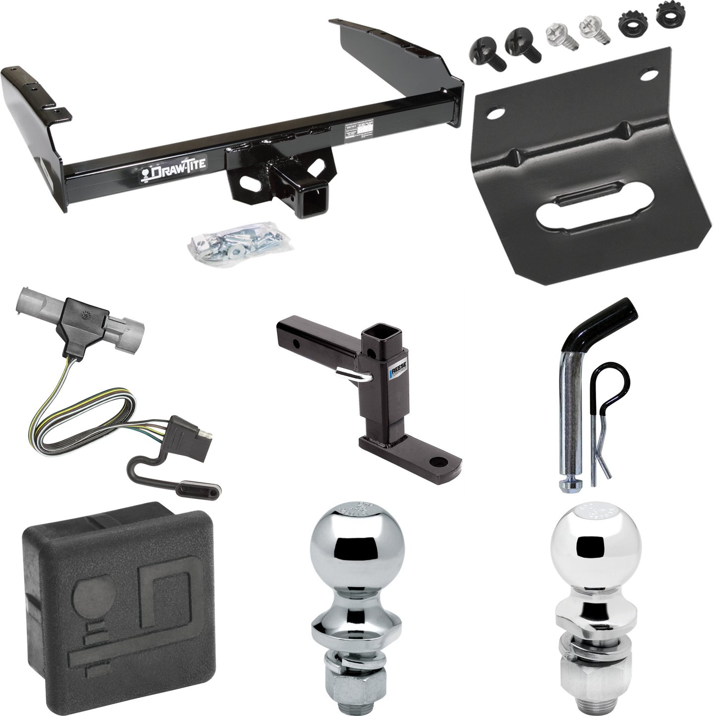 Fits 1997-1997 Ford F-250 HD Trailer Hitch Tow PKG w/ 4-Flat Wiring + Adjustable Drop Rise Ball Mount + Pin/Clip + 2" Ball + 1-7/8" Ball + Wiring Bracket + Hitch Cover By Draw-Tite