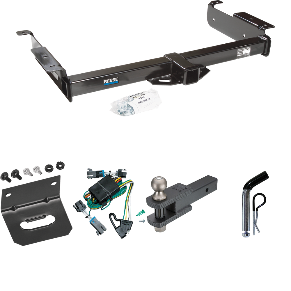 Se adapta al paquete de remolque con enganche para remolque Chevrolet Express 2500 2000-2002 con arnés de cableado de 4 planos + soporte de bola de enganche de horquilla con bola de 2" + pasador/clip + soporte de cableado de Reese Towpower