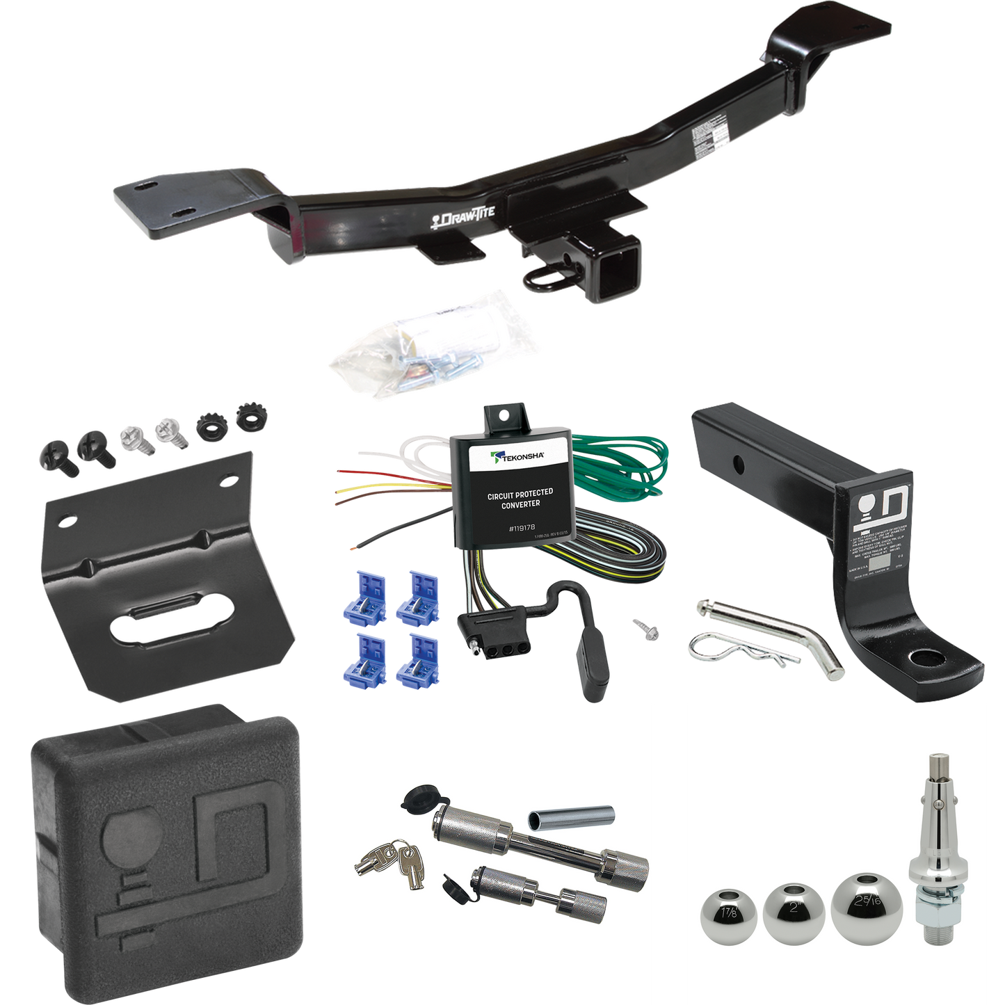 Fits 2005-2010 KIA Sportage Trailer Hitch Tow PKG w/ 4-Flat Wiring + Ball Mount w/ 4" Drop + Interchangeable Ball 1-7/8" & 2" & 2-5/16" + Wiring Bracket + Dual Hitch & Coupler Locks + Hitch Cover (For I4 Engine Models) By Draw-Tite